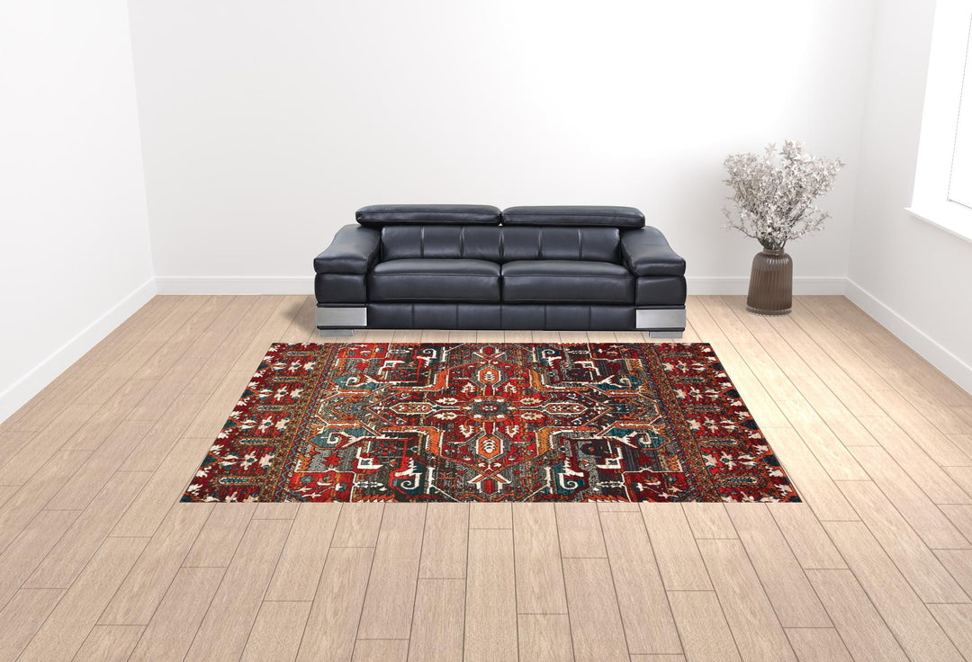 2' X 3' Red Orange Blue And Grey Southwestern Power Loom Stain Resistant Area Rug