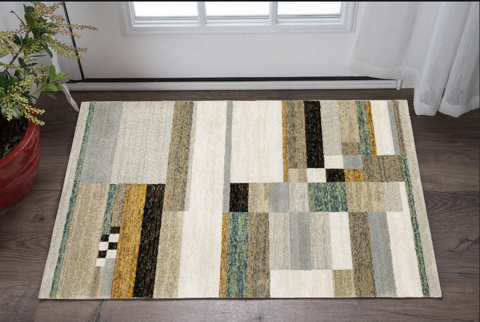 10' X 13' Beige Gold Black Grey Tan Teal and Rust Geometric Power Loom Area Rug