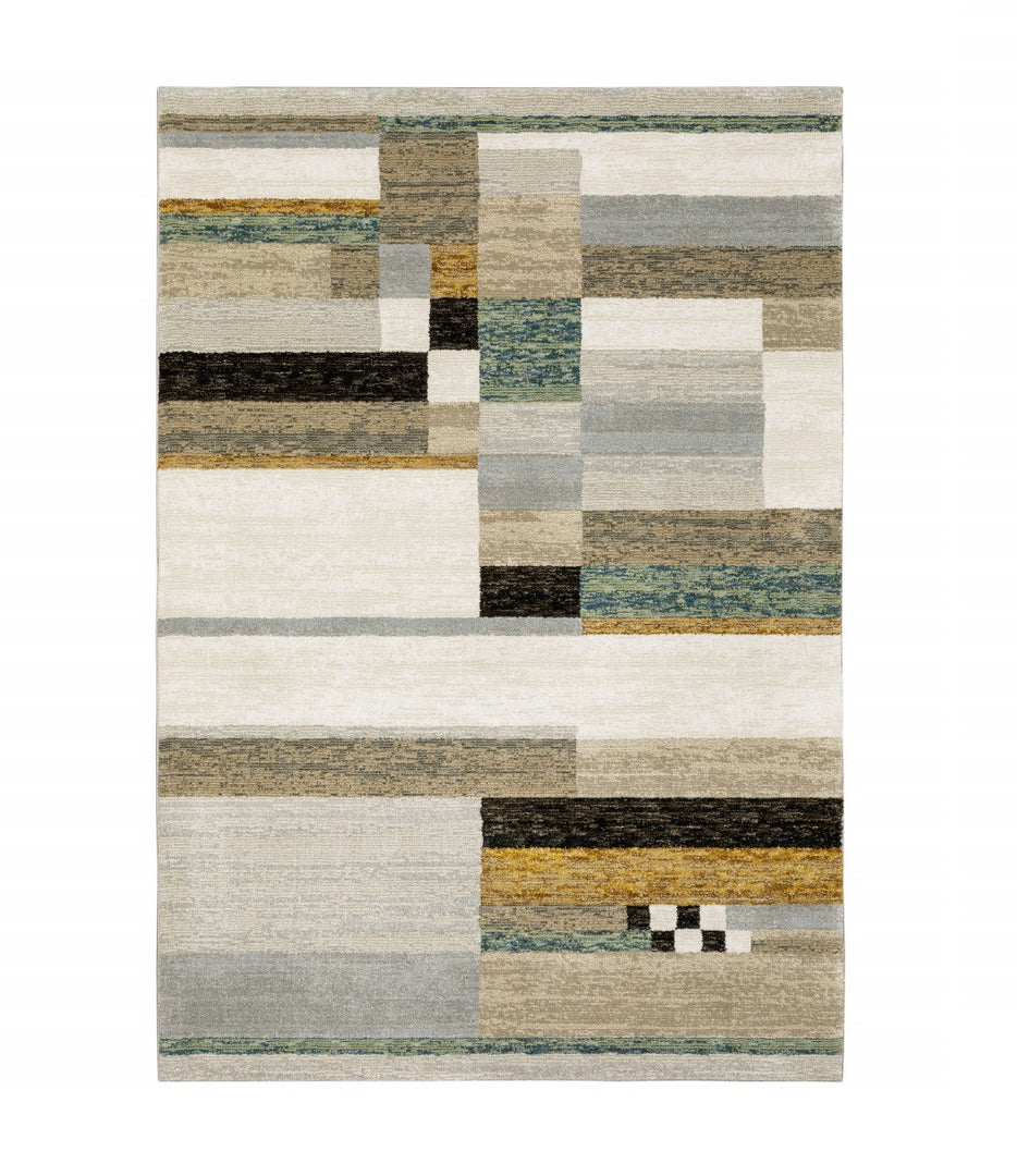 10' X 13' Beige Gold Black Grey Tan Teal and Rust Geometric Power Loom Area Rug