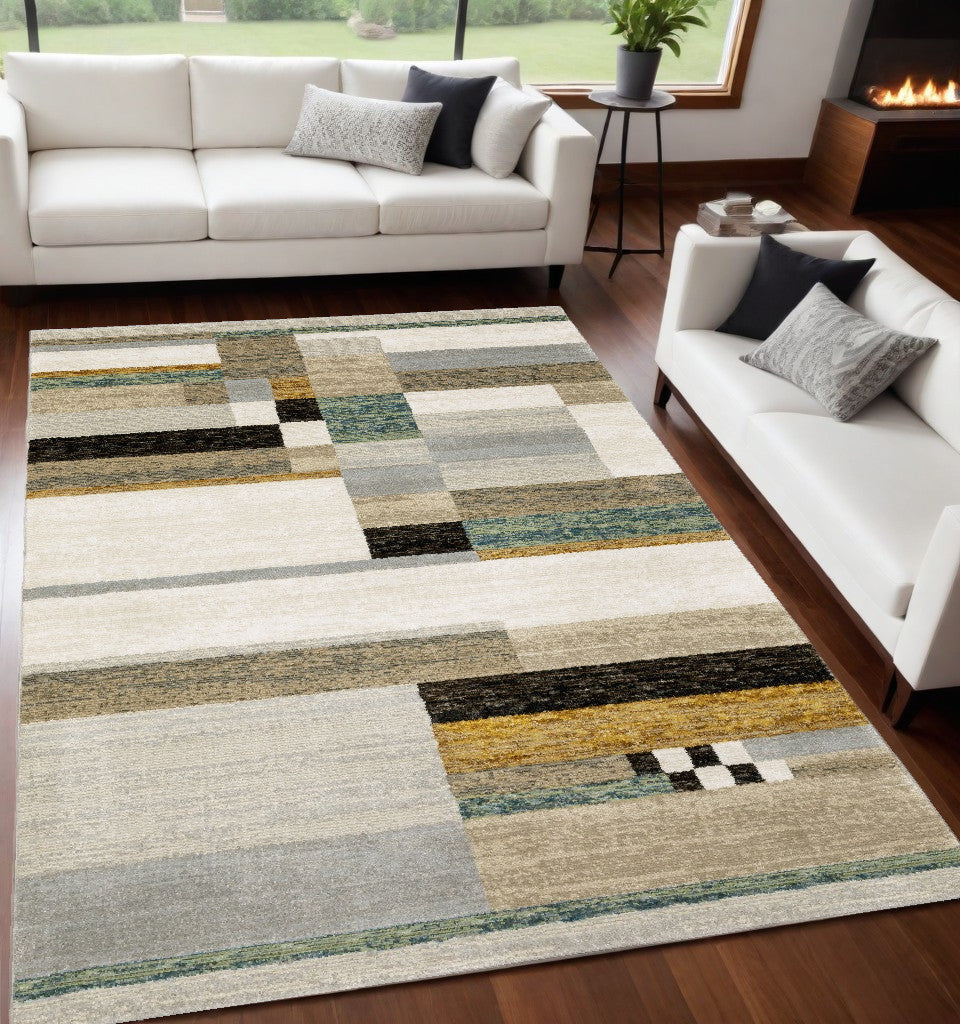 10' X 13' Beige Gold Black Grey Tan Teal and Rust Geometric Power Loom Area Rug