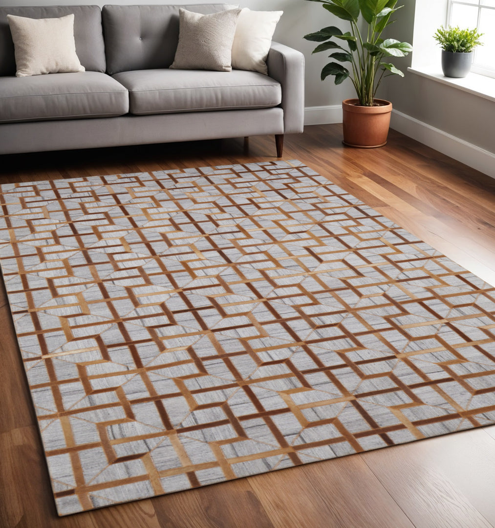 5' X 8' Gray Ivory And Brown Geometric Hand Woven Area Rug