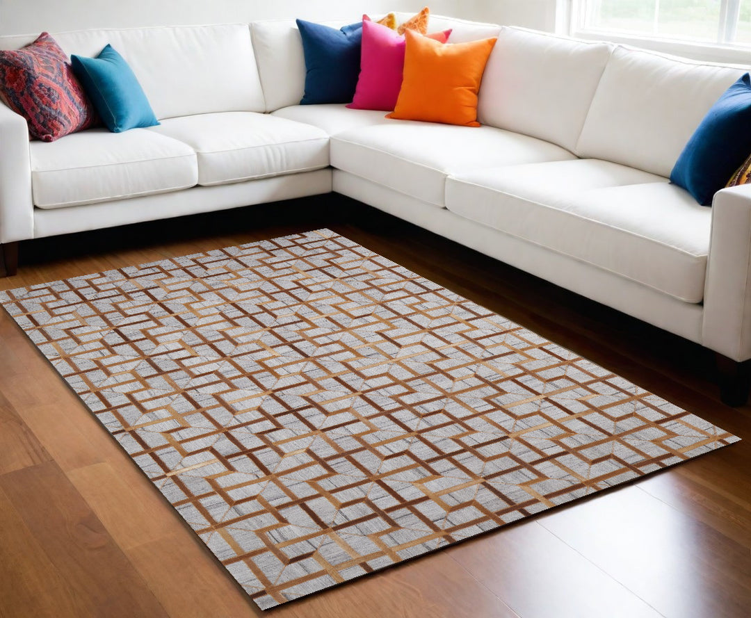 5' X 8' Gray Ivory And Brown Geometric Hand Woven Area Rug