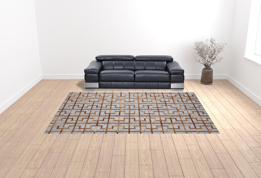 5' X 8' Gray Ivory And Brown Geometric Hand Woven Area Rug