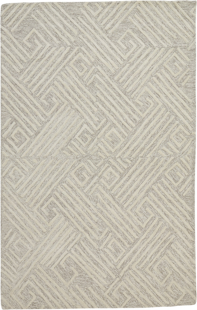 5' X 8' Tan And Ivory Wool Geometric Tufted Handmade Stain Resistant Area Rug