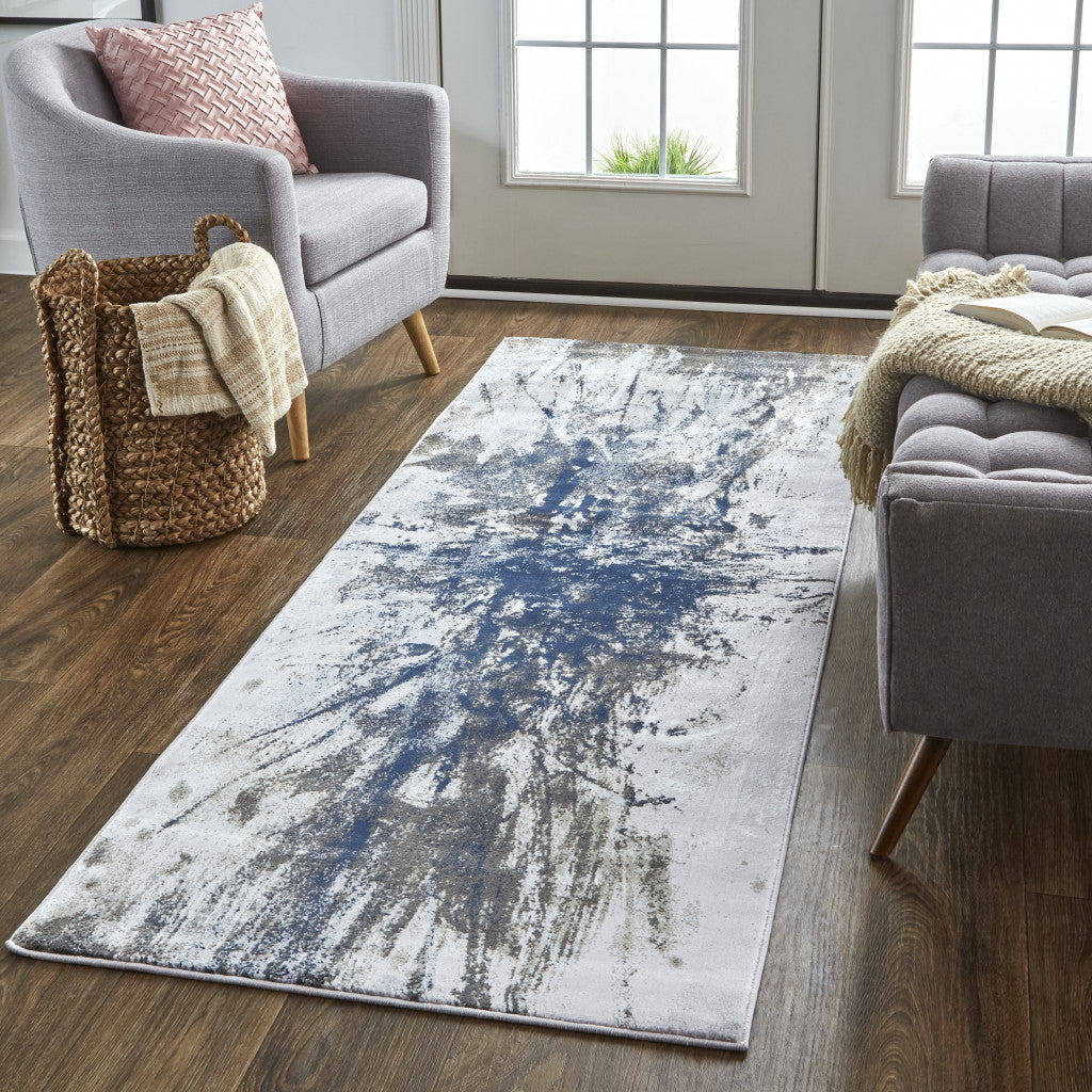 5' X 7' Blue Gray And White Abstract Stain Resistant Area Rug