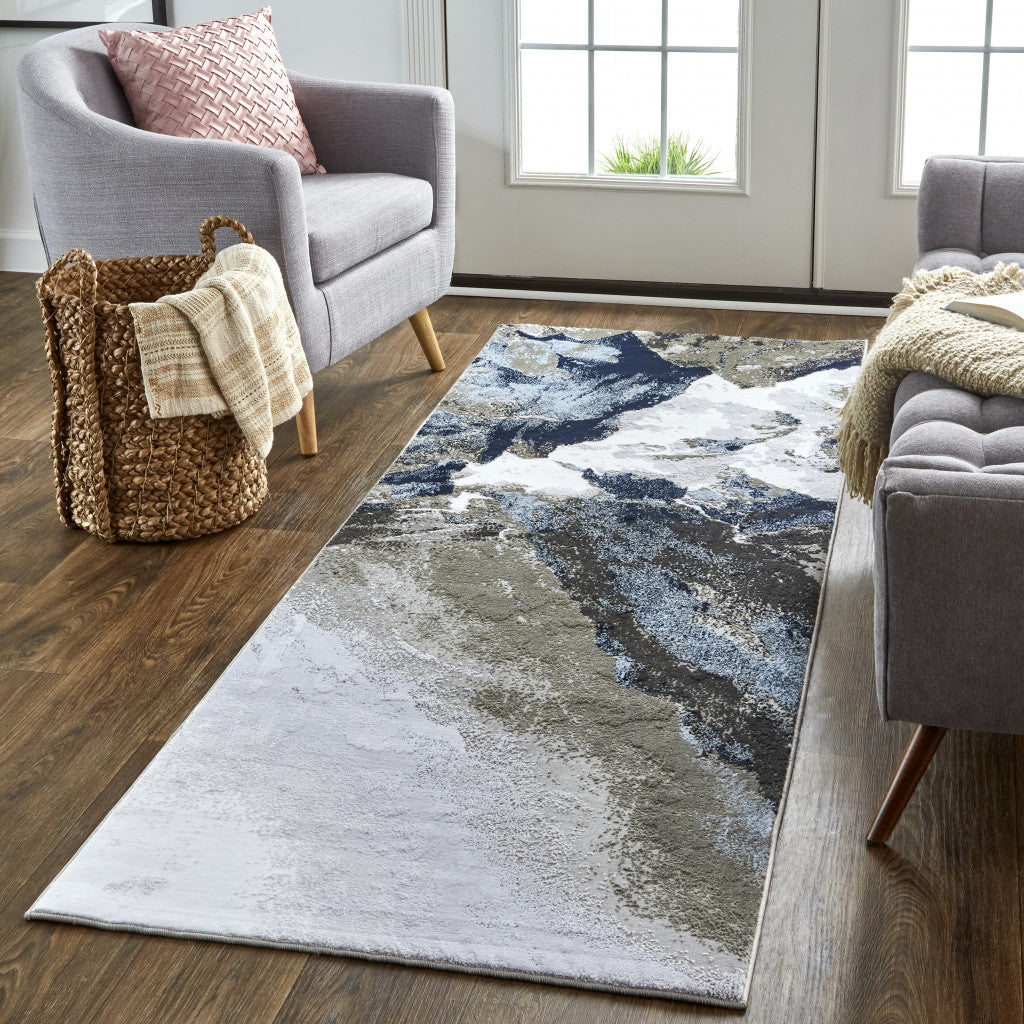 5' X 7' Blue Gray And White Abstract Stain Resistant Area Rug