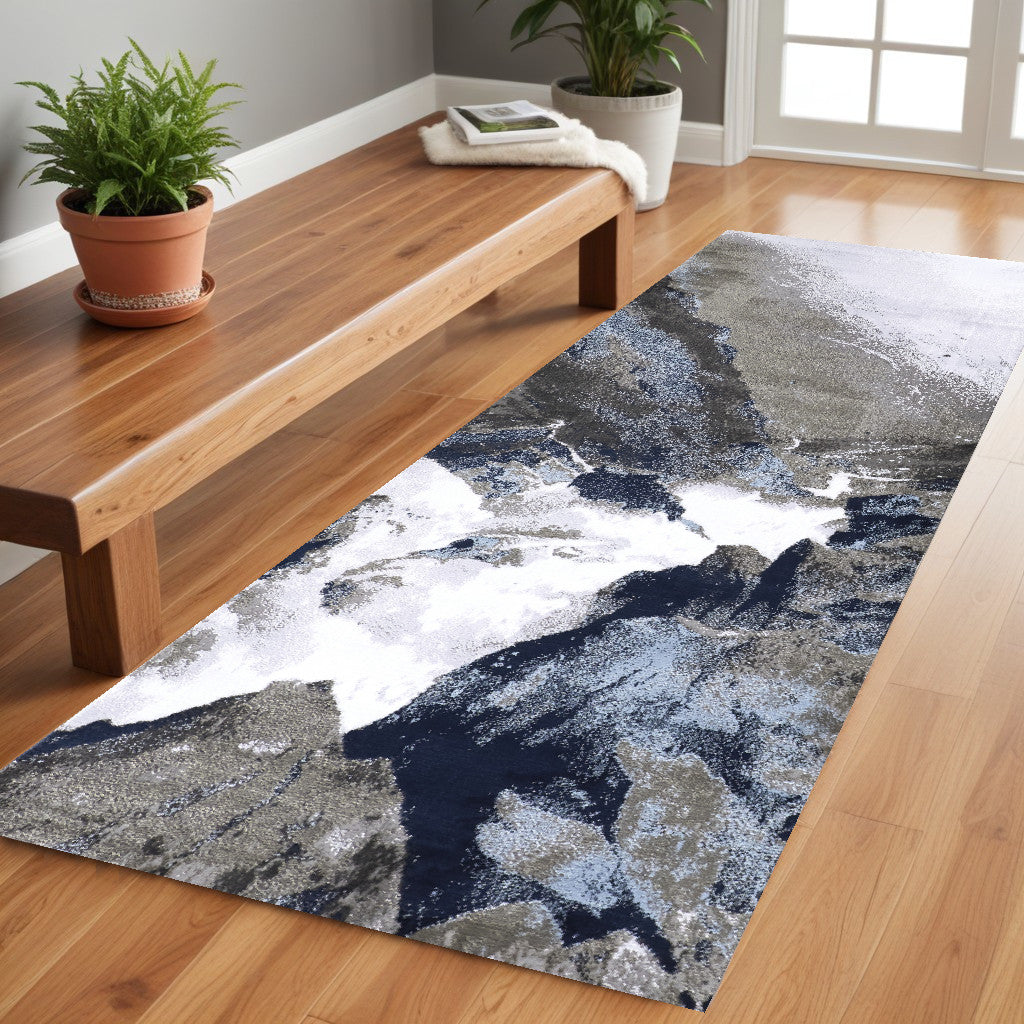 5' X 7' Blue Gray And White Abstract Stain Resistant Area Rug