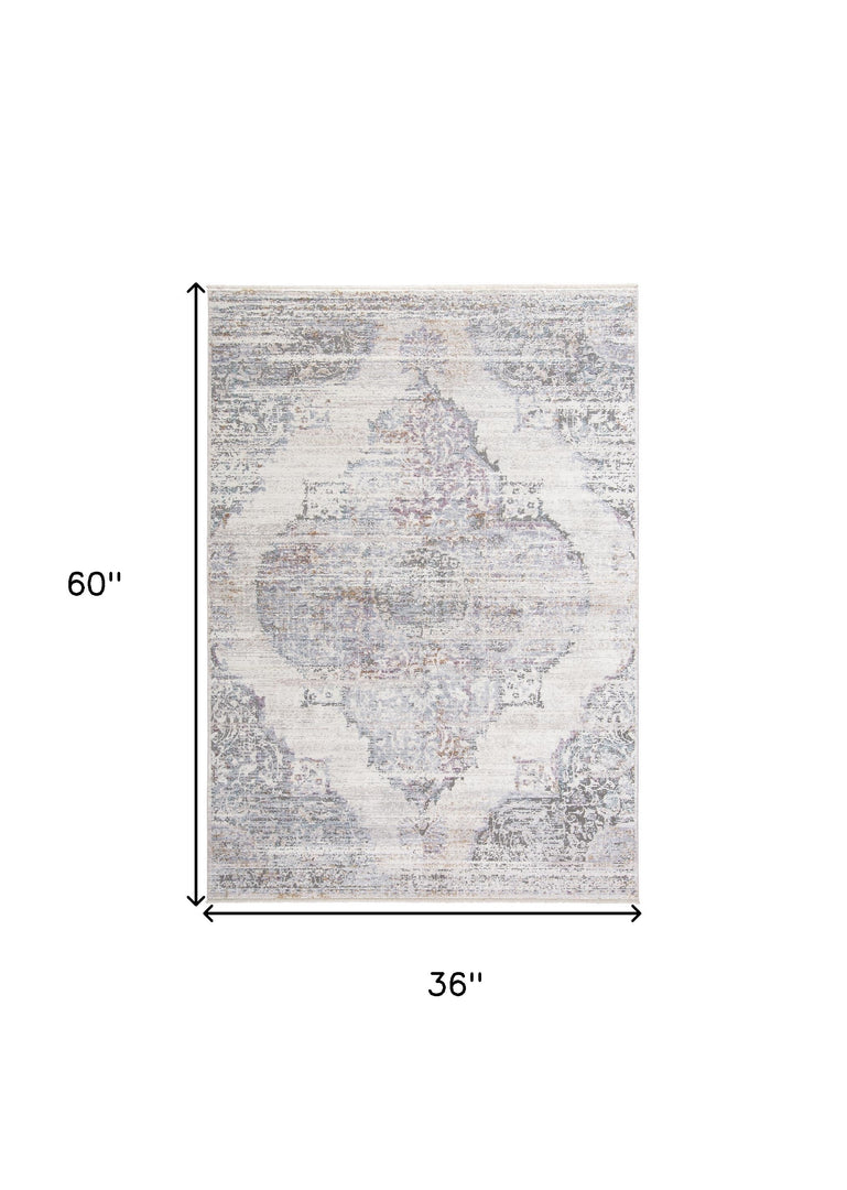 3' X 5' Gray and Ivory Abstract Distressed Area Rug With Fringe