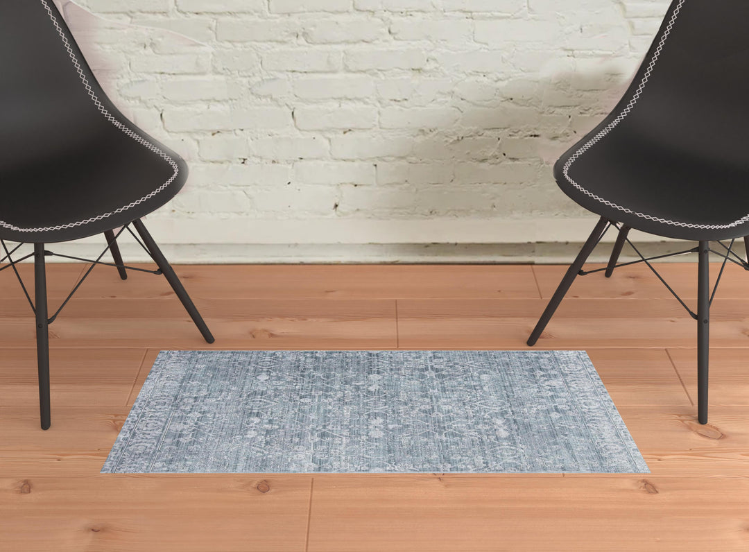 2' X 3' Blue Gray And Silver Abstract Distressed Area Rug With Fringe