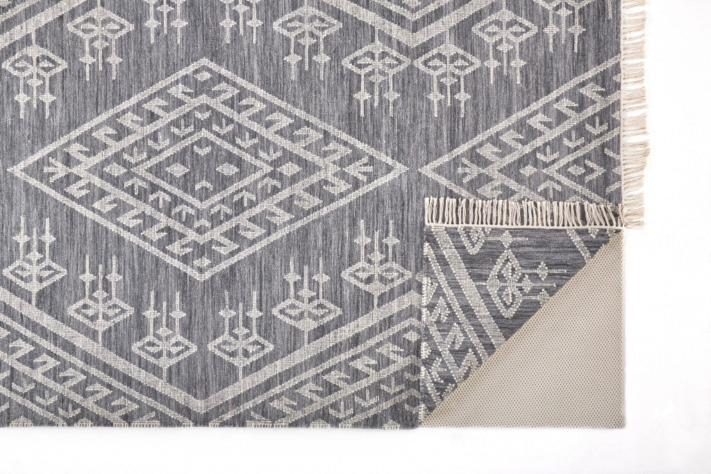 8' X 10' Gray Ivory And Blue Wool Geometric Dhurrie Flatweave Handmade Area Rug With Fringe