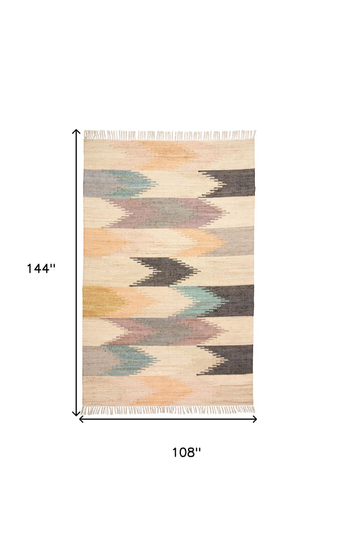 9' X 12' Tan Blue And Orange Geometric Dhurrie Flatweave Handmade Area Rug With Fringe