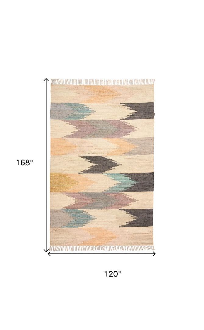 9' X 12' Tan Blue And Orange Geometric Dhurrie Flatweave Handmade Area Rug With Fringe