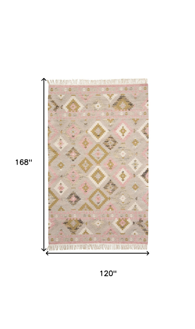 10' X 14' Pink Gold And Taupe Wool Geometric Dhurrie Flatweave Handmade Area Rug With Fringe