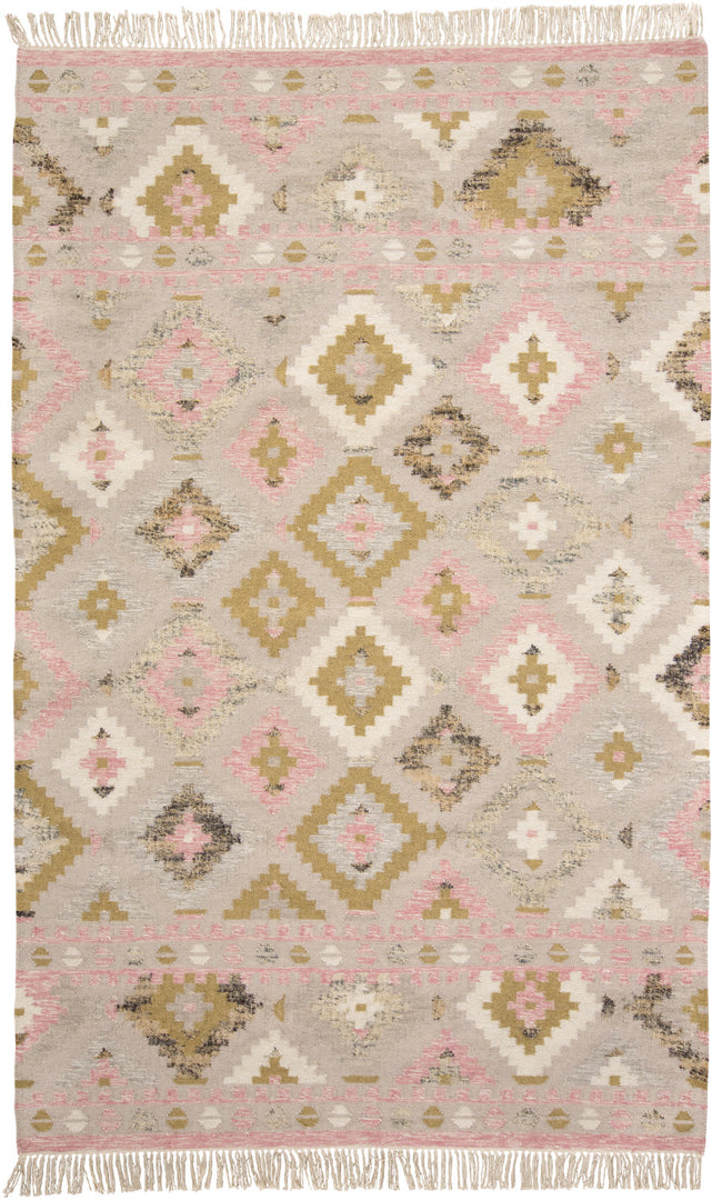 10' X 14' Pink Gold And Taupe Wool Geometric Dhurrie Flatweave Handmade Area Rug With Fringe