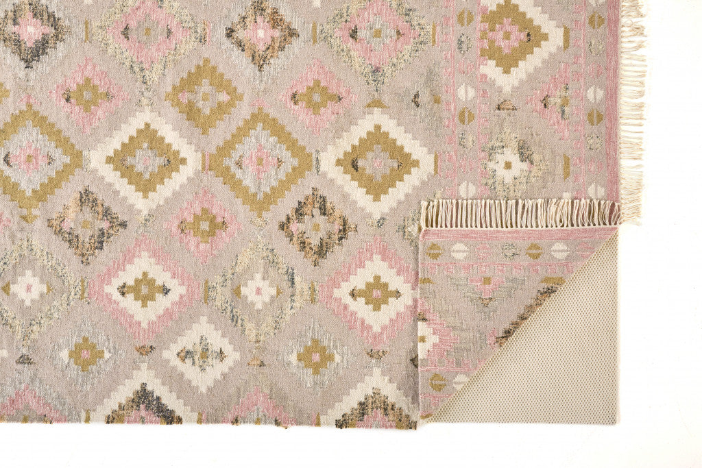 10' X 14' Pink Gold And Taupe Wool Geometric Dhurrie Flatweave Handmade Area Rug With Fringe