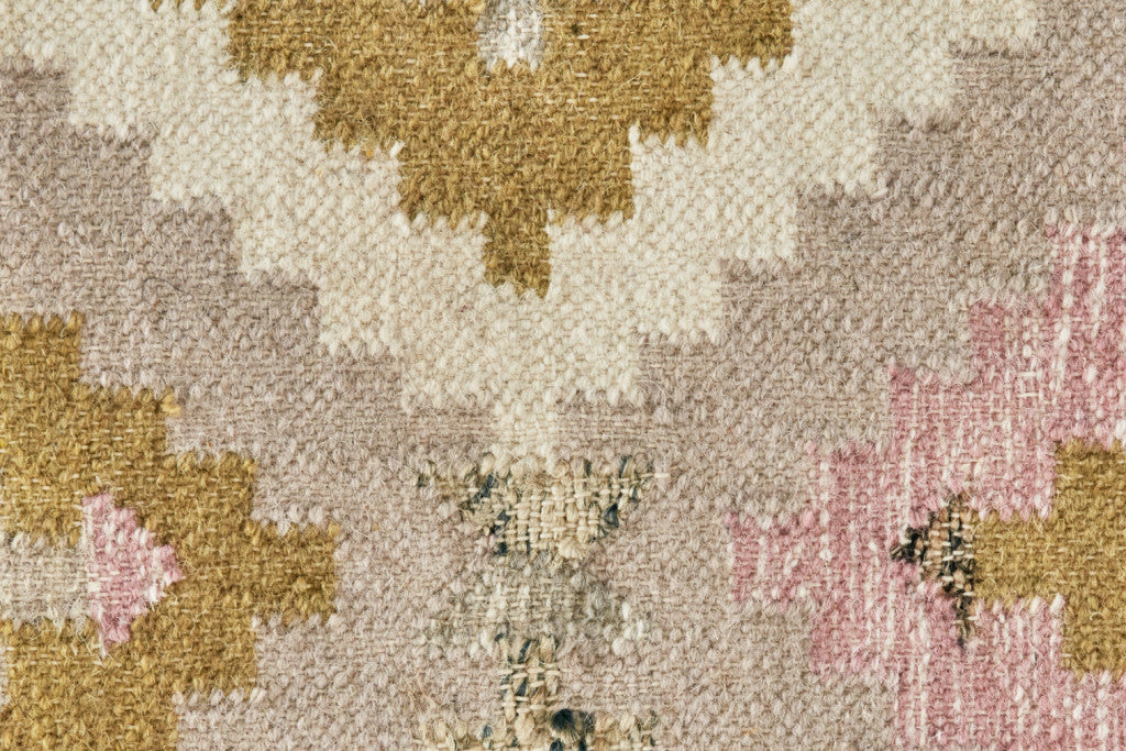 10' X 14' Pink Gold And Taupe Wool Geometric Dhurrie Flatweave Handmade Area Rug With Fringe