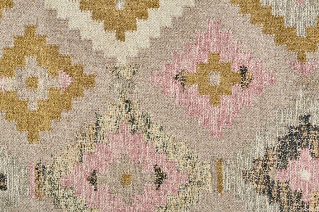 10' X 14' Pink Gold And Taupe Wool Geometric Dhurrie Flatweave Handmade Area Rug With Fringe