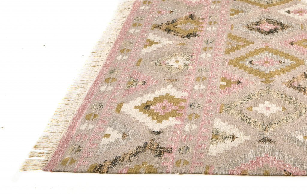 10' X 14' Pink Gold And Taupe Wool Geometric Dhurrie Flatweave Handmade Area Rug With Fringe