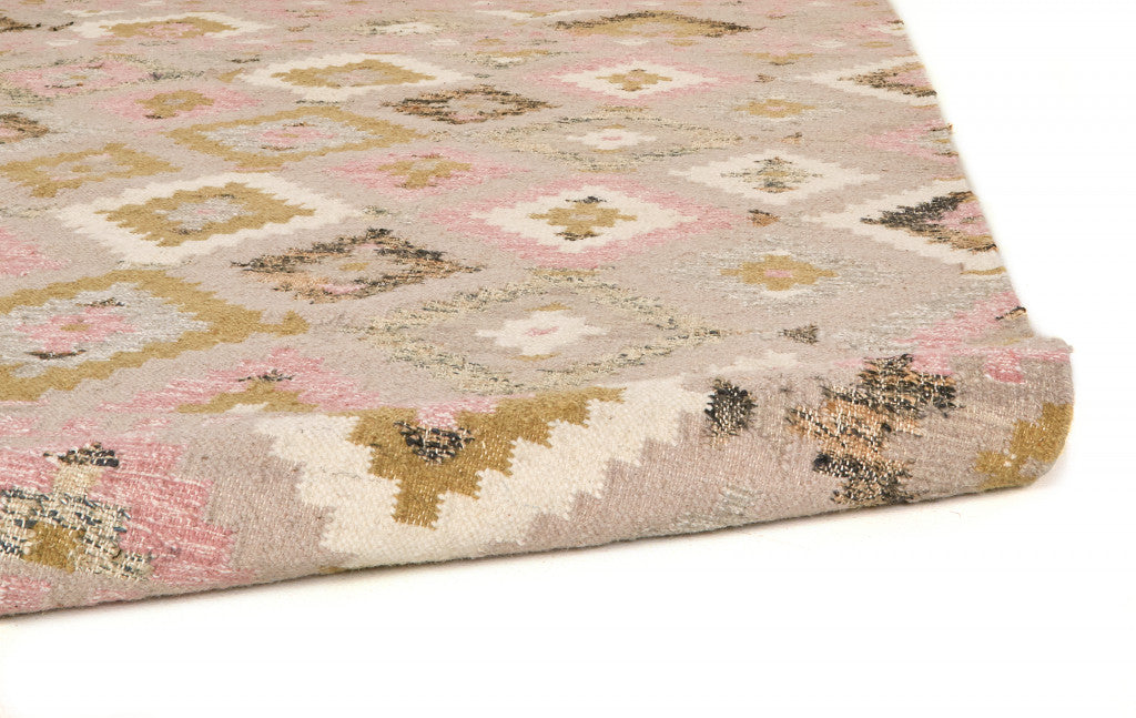 10' X 14' Pink Gold And Taupe Wool Geometric Dhurrie Flatweave Handmade Area Rug With Fringe