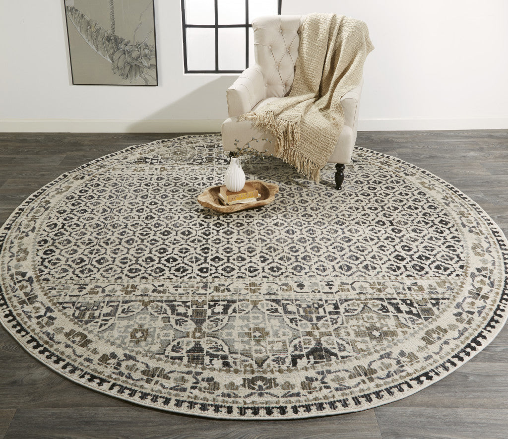 9' Ivory and Black Round Abstract Area Rug