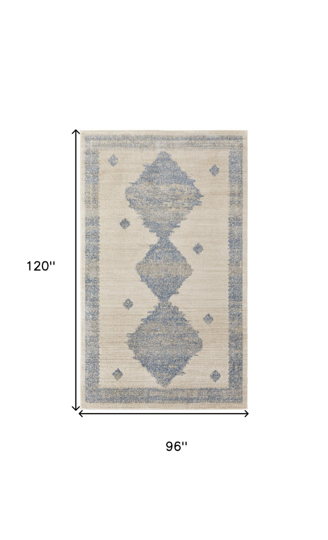 8' X 10' Blue And Ivory Geometric Power Loom Distressed Area Rug