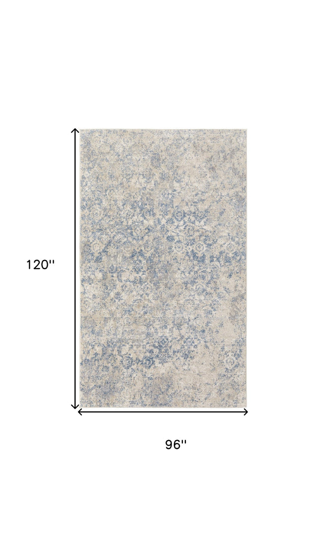 8' X 10' Blue And Ivory Abstract Power Loom Distressed Area Rug