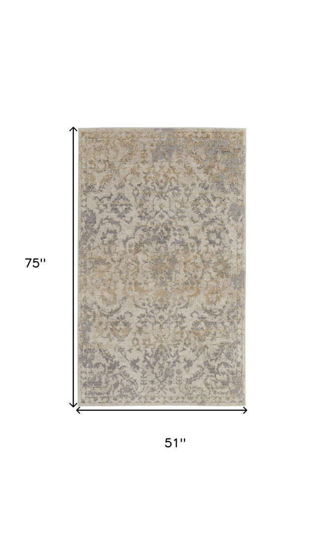 8' X 10' Blue Gray And Ivory Floral Power Loom Distressed Area Rug