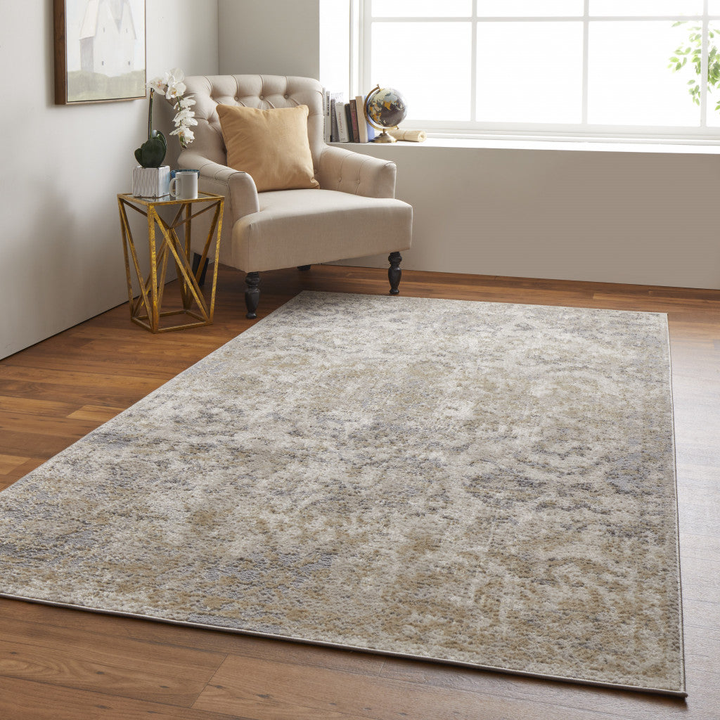 8' X 10' Blue Gray And Ivory Floral Power Loom Distressed Area Rug