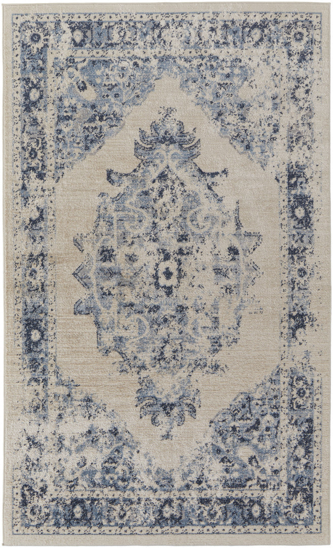 8' X 10' Ivory And Blue Floral Power Loom Distressed Area Rug