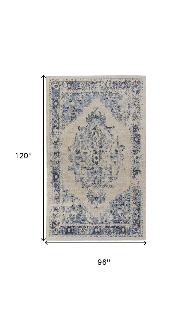 8' X 10' Ivory And Blue Floral Power Loom Distressed Area Rug