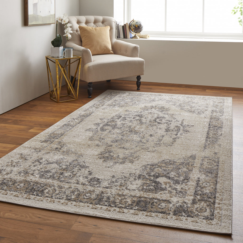 8' X 10' Ivory And Blue Floral Power Loom Distressed Area Rug