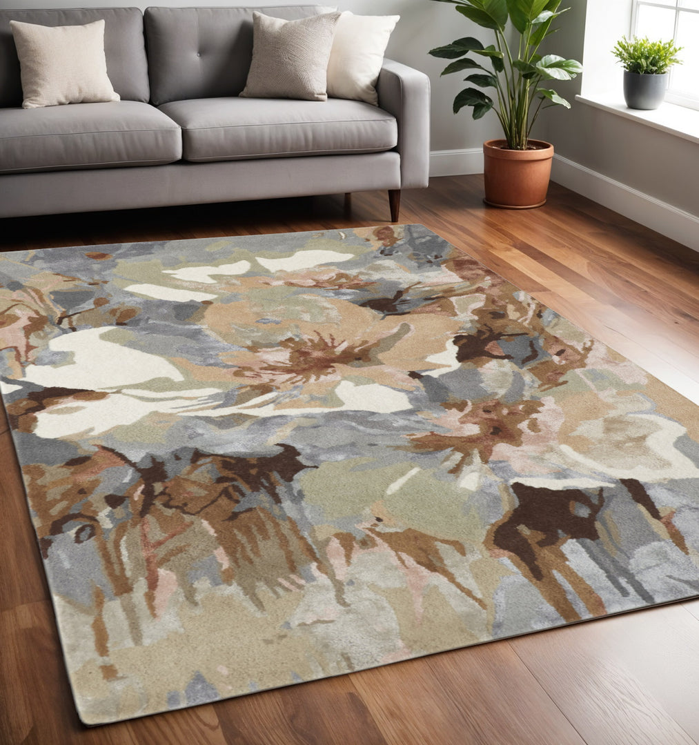 4' X 6' Tan and Gray Wool Floral Hand Tufted Area Rug