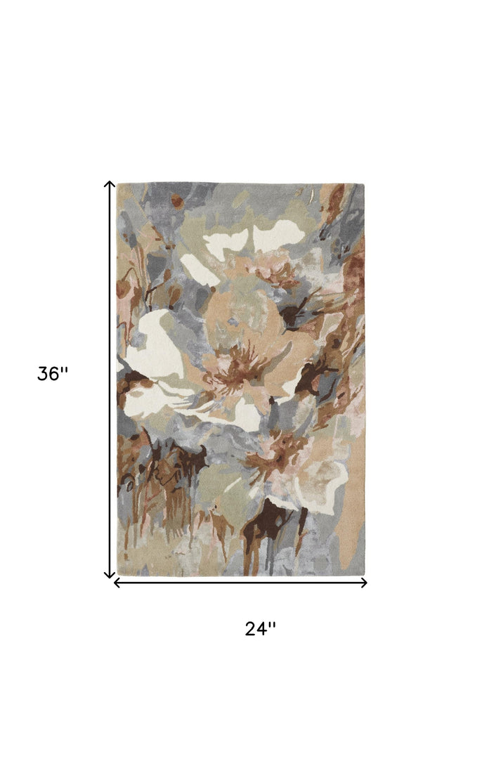 4' X 6' Tan and Gray Wool Floral Hand Tufted Area Rug