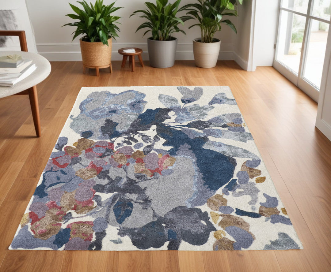 4' X 6' Blue Gray and Pink Wool Floral Hand Tufted Area Rug