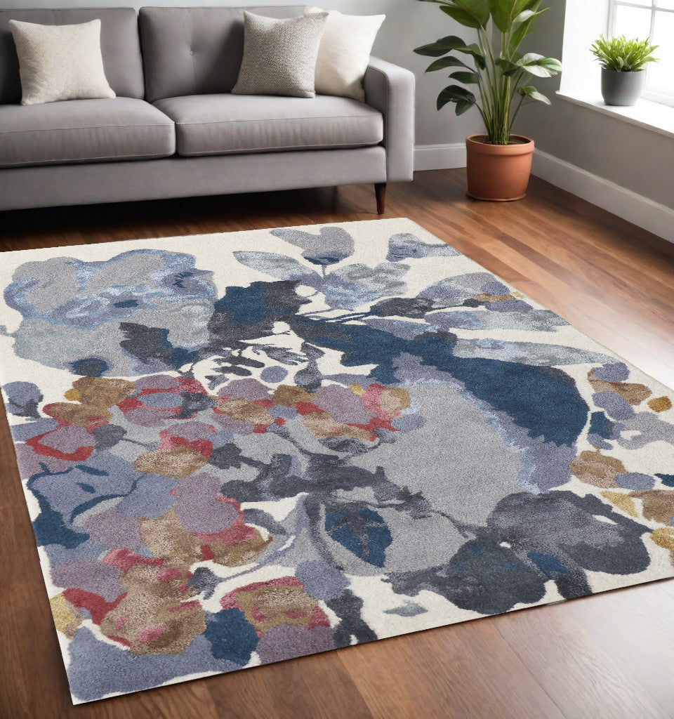 4' X 6' Blue Gray and Pink Wool Floral Hand Tufted Area Rug