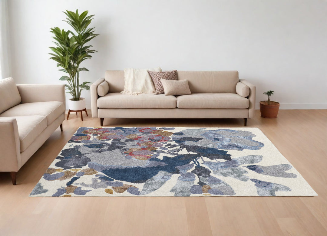 4' X 6' Blue Gray and Pink Wool Floral Hand Tufted Area Rug