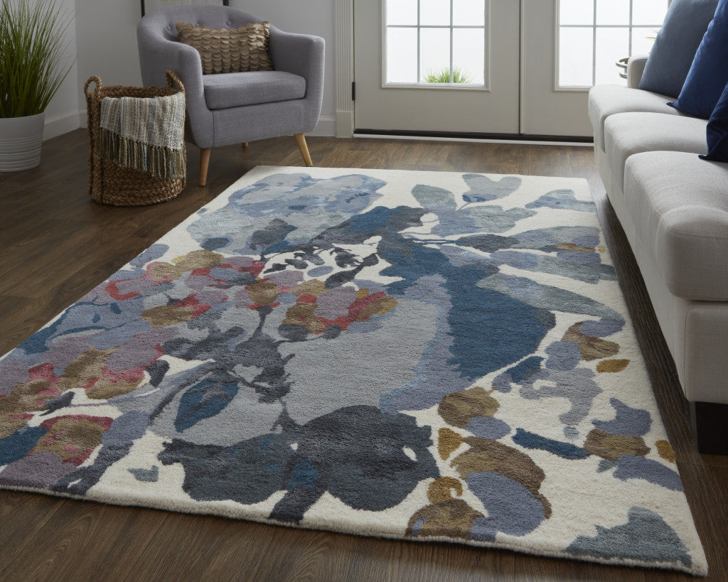 4' X 6' Blue Gray and Pink Wool Floral Hand Tufted Area Rug