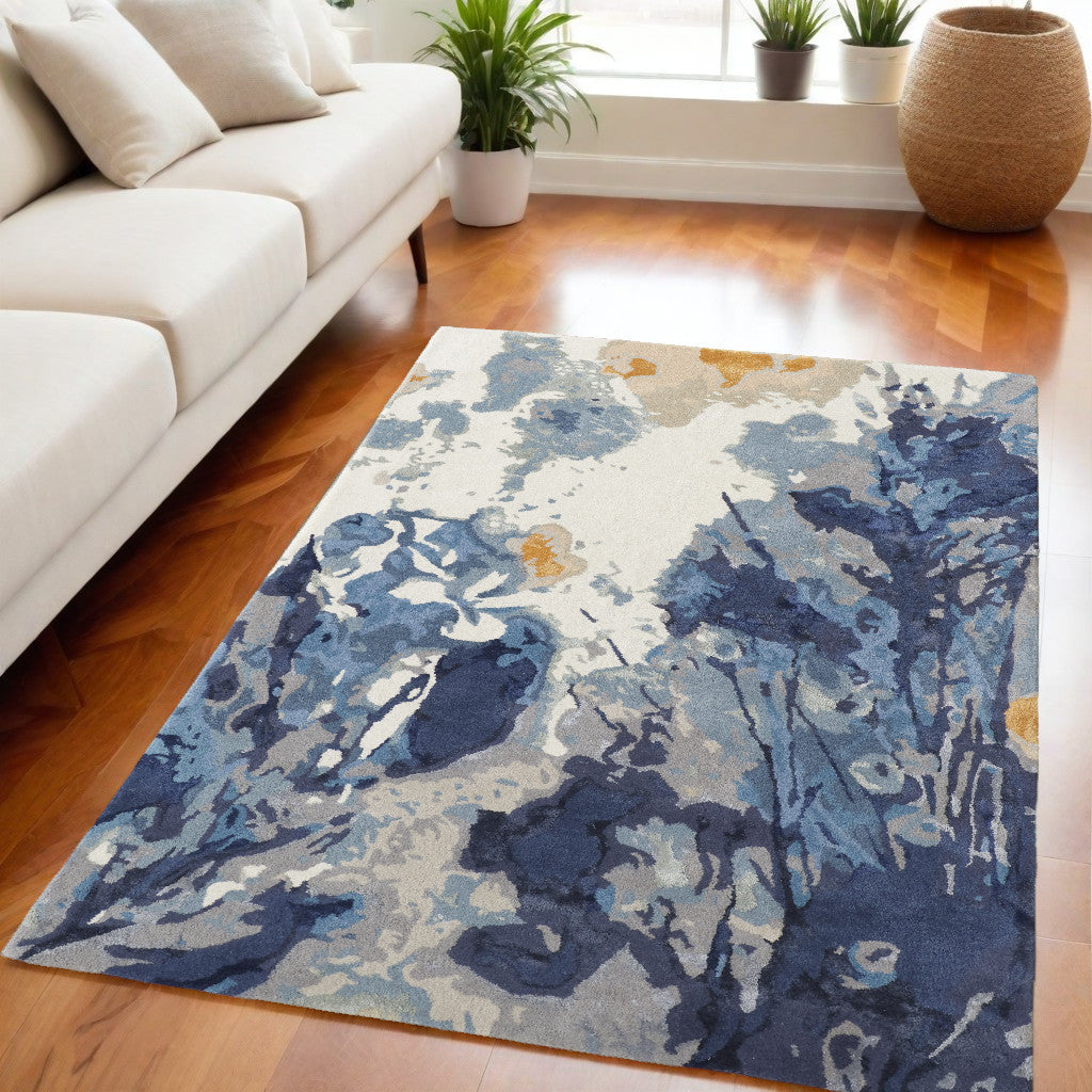 5' X 8' Blue Wool Floral Hand Tufted Area Rug