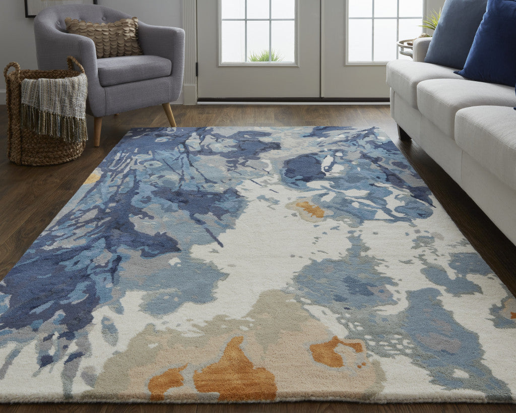 5' X 8' Blue Wool Floral Hand Tufted Area Rug