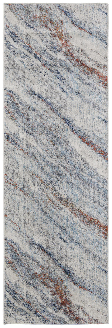 10' Ivory Blue and Orange Abstract Power Loom Runner Rug