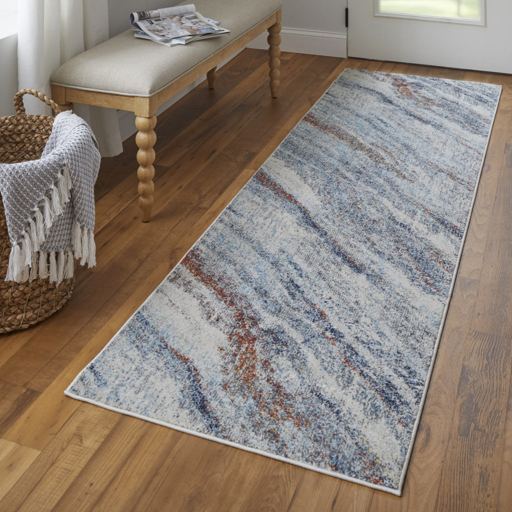 10' Ivory Blue and Orange Abstract Power Loom Runner Rug