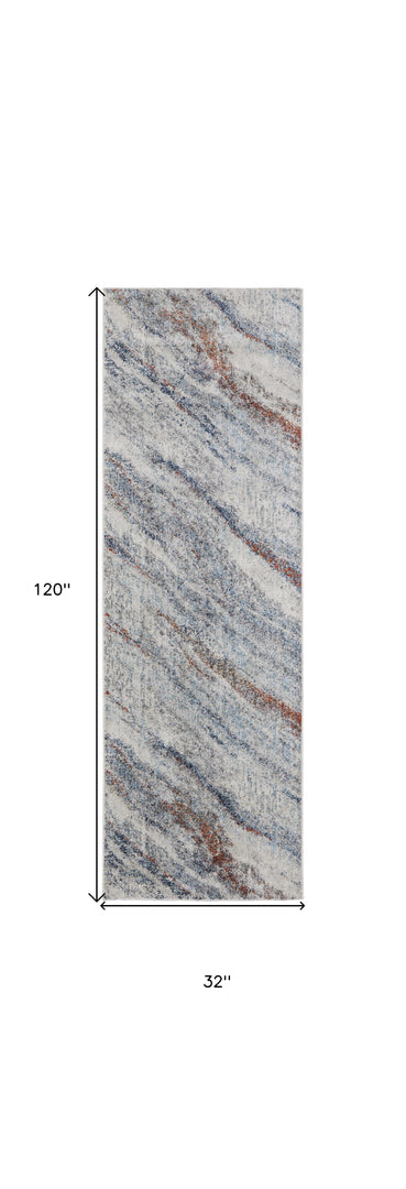 10' Ivory Blue and Orange Abstract Power Loom Runner Rug