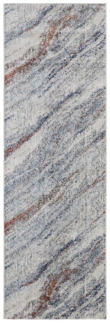 10' Ivory Blue and Orange Abstract Power Loom Runner Rug