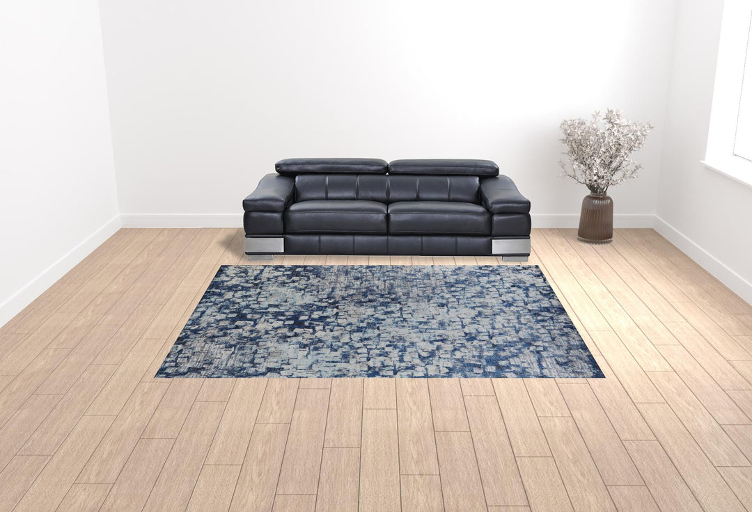 3' X 5' Blue And Ivory Abstract Power Loom Distressed Stain Resistant Area Rug