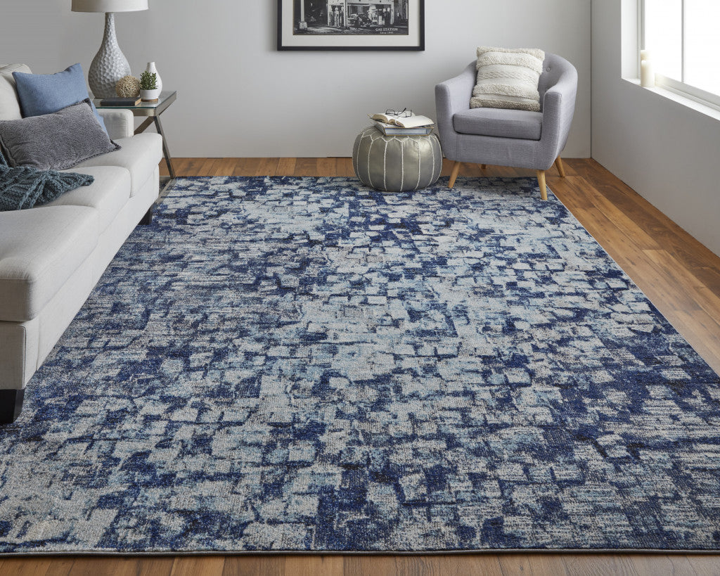 3' X 5' Blue And Ivory Abstract Power Loom Distressed Stain Resistant Area Rug