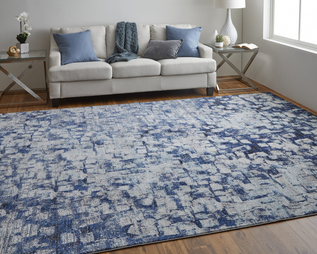 3' X 5' Blue And Ivory Abstract Power Loom Distressed Stain Resistant Area Rug