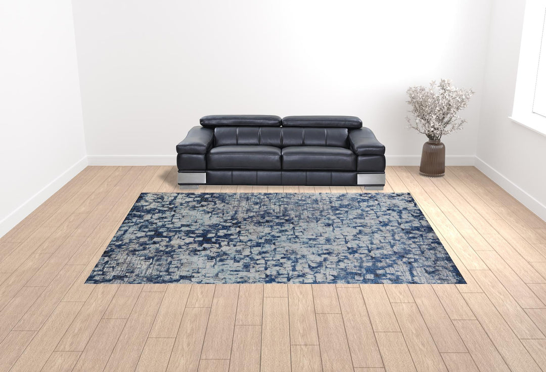 3' X 5' Blue And Ivory Abstract Power Loom Distressed Stain Resistant Area Rug