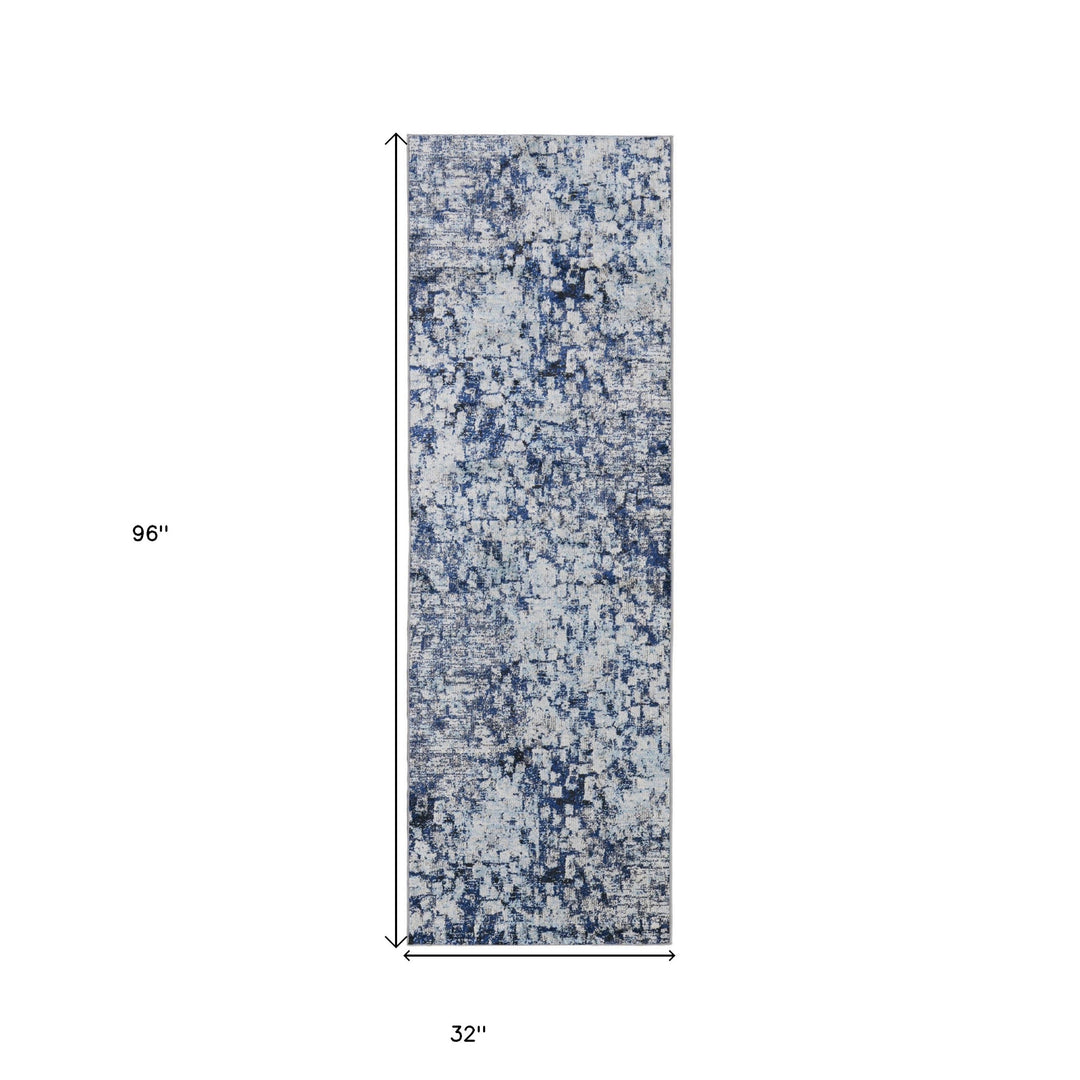 3' X 5' Blue And Ivory Abstract Power Loom Distressed Stain Resistant Area Rug