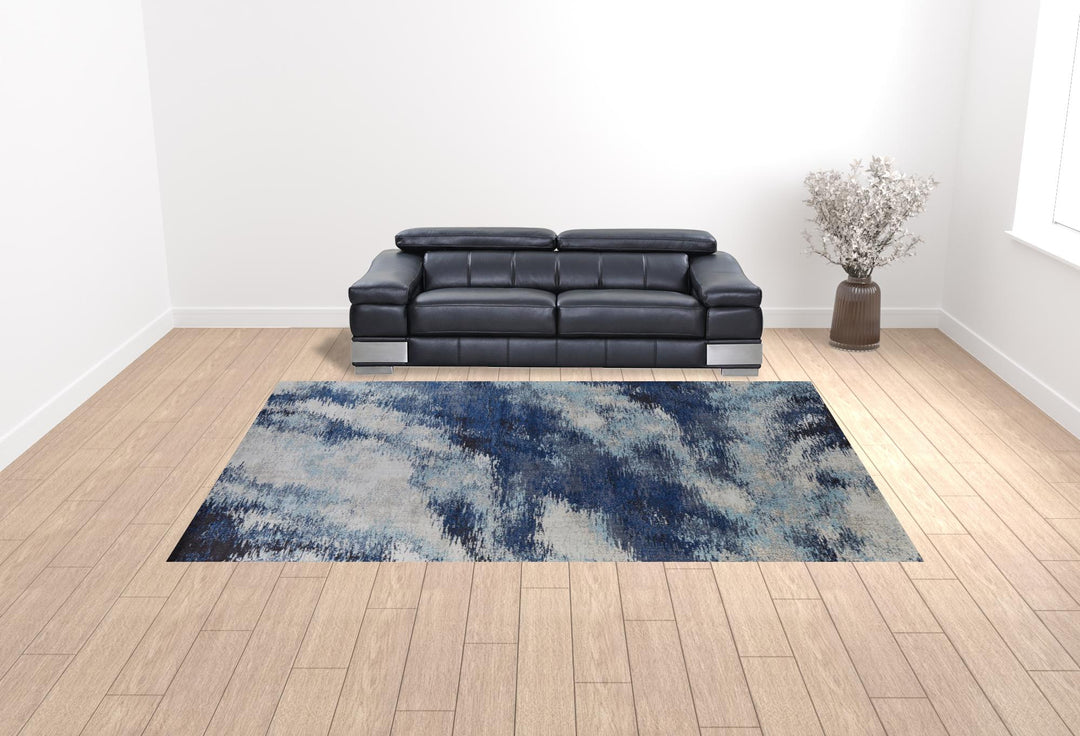 3' X 5' Blue And Ivory Abstract Power Loom Stain Resistant Area Rug