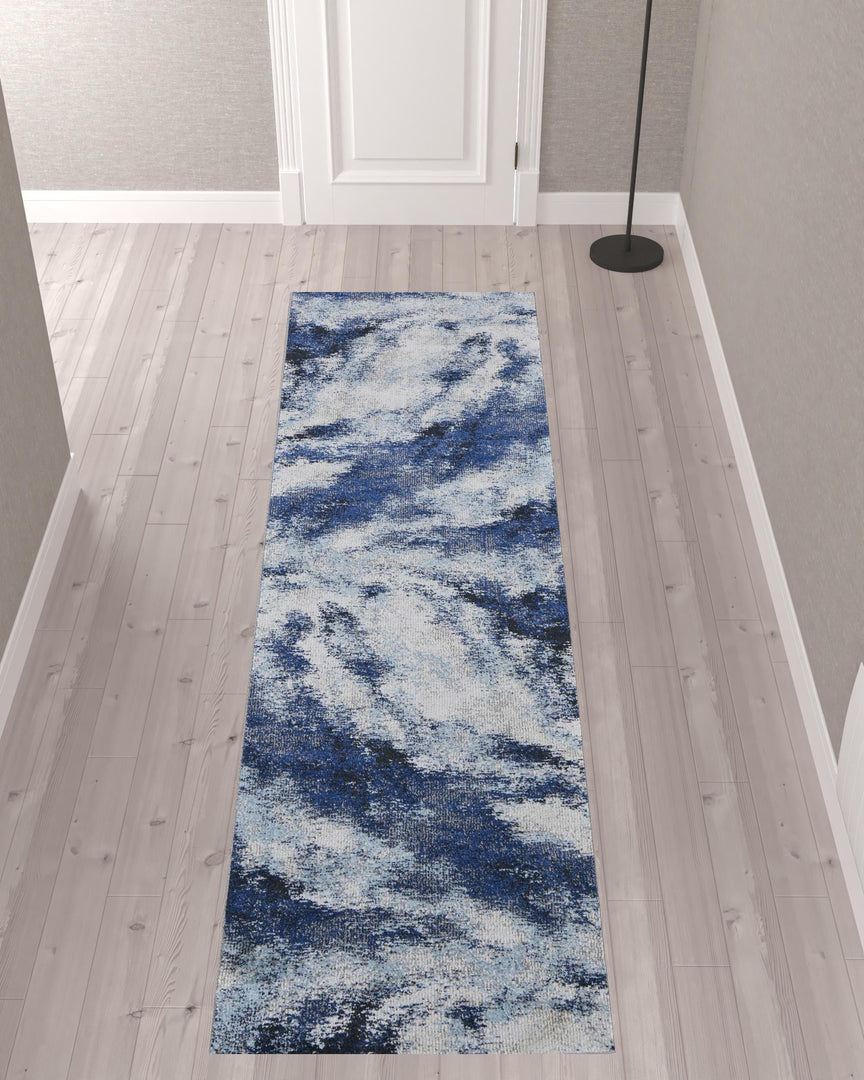 3' X 5' Blue And Ivory Abstract Power Loom Stain Resistant Area Rug